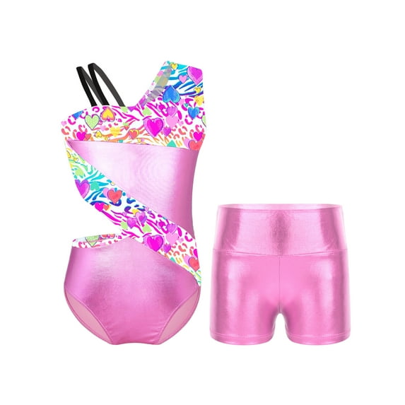 Yeahdor Kids Girls Gymnastics Dance Outfit Asymmetrical Shoulder Cutout Waistline Tank Leotard Biketard with Metallic High Waisted Shorts Zebra 6