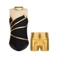 thumbnail image 1 of Yeahdor Kids Girls Gymnastics Dance Outfit Metallic Striped Leotard Sheer Mesh Patchwork Bodysuit with Metallic Shorts Gold 4, 1 of 7
