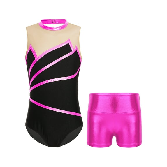 Yeahdor Kids Girls Gymnastics Dance Outfit Metallic Striped Leotard Sheer Mesh Patchwork Bodysuit with Metallic Shorts Hot Pink 14