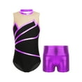 thumbnail image 1 of Yeahdor Kids Girls Gymnastics Dance Outfit Metallic Striped Leotard Sheer Mesh Patchwork Bodysuit with Metallic Shorts Purple 4, 1 of 7