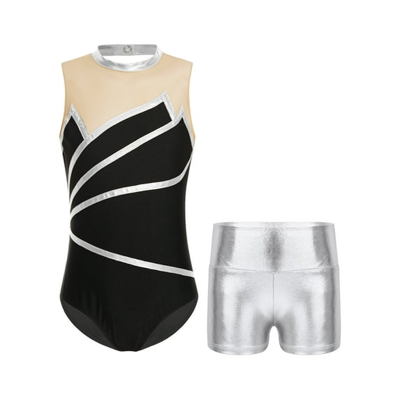 Yeahdor Kids Girls Gymnastics Dance Outfit Metallic Striped Leotard Sheer Mesh Patchwork Bodysuit with Metallic Shorts Silver 6