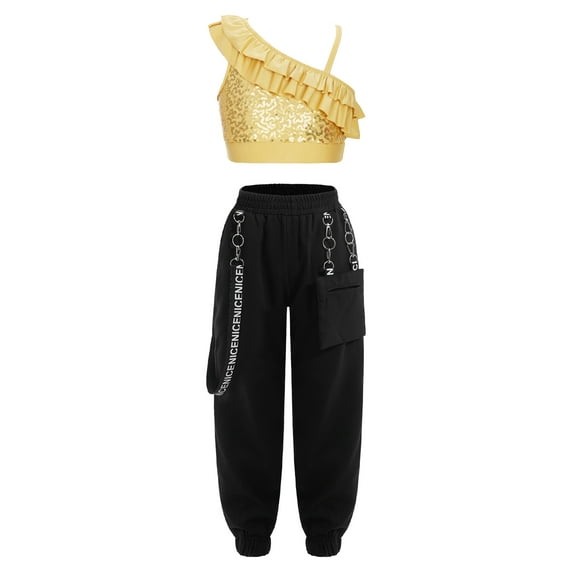 Yeahdor Kids Girls Hip Hop Dance Outfit Shiny Sequins Ruffles Trim Crop Top with Jogger Pants Dance Suit Gold 10