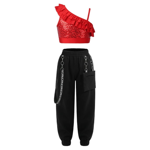 Yeahdor Kids Girls Hip Hop Dance Outfit Shiny Sequins Ruffles Trim Crop Top with Jogger Pants Dance Suit Red 6