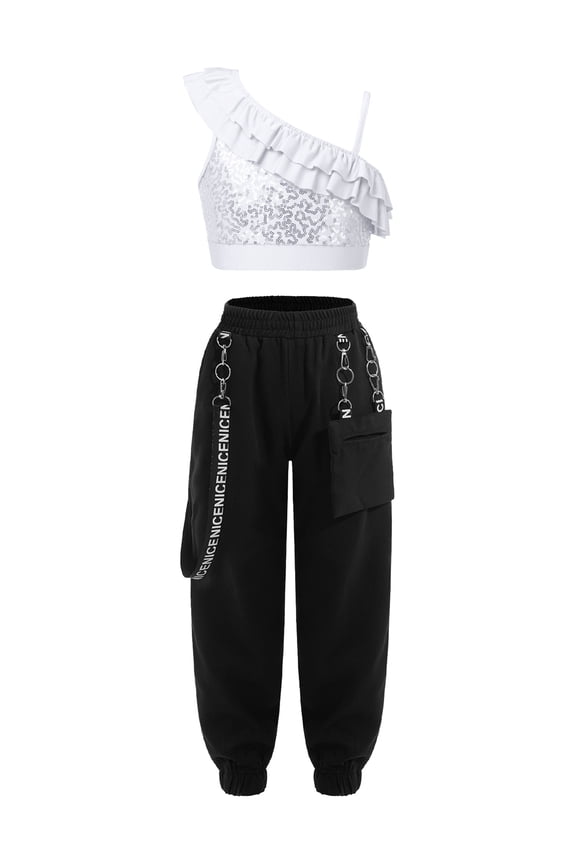 Kids Girls Hip Hop Dance Outfit Shiny Sequins Ruffles Trim Crop Top with Jogger Pants Dance Suit White 14