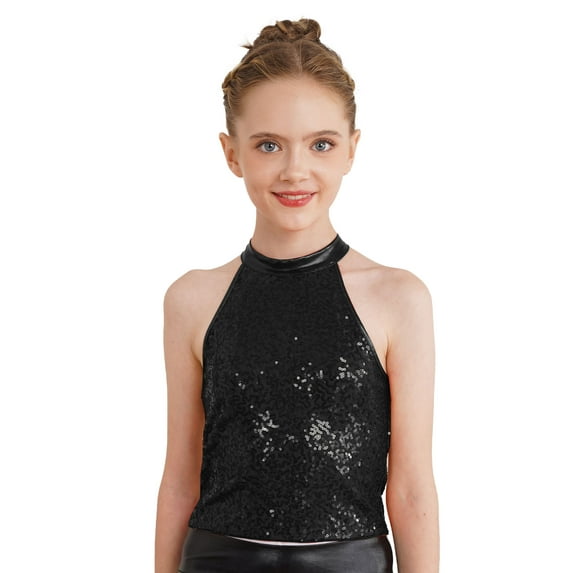 Yeahdor Kids Girls Jazz Dance Costume Sparkly Dance Crop Top Shiny Sequins Tank Top Vest Black 10