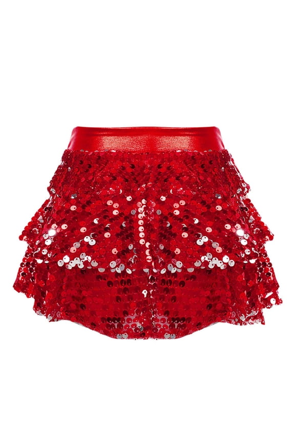 Kids Girls Latin Jazz Dance Costume Tiered Ruffle Skirted Shorts Shiny Sequins Metallic Culottes Dancewear Red 4