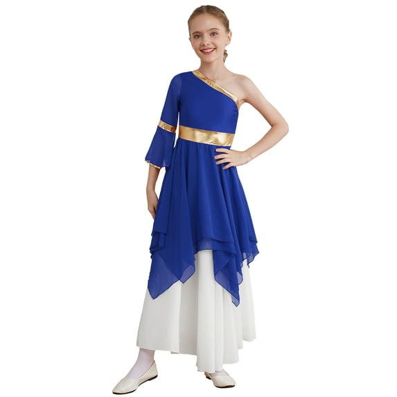 Yeahdor Kids Girls Liturgical Praise Dance Dress One Shoulder Church Worship Robe Lyrical Dancewear Blue 12