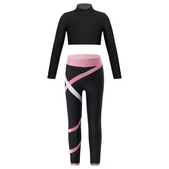 Yeahdor Kids Girls Long Sleeve Crop Top with Color Block Leggings Active Set Skating Workout Sports Suit