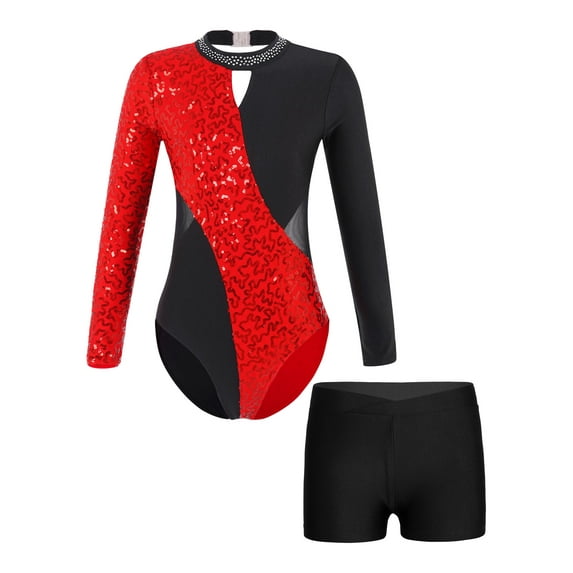 Yeahdor Kids Girls Long Sleeves Gymnastics Skating Leotard Unitard with Shorts Bottom Set Performance Dancewear Red&Black 8