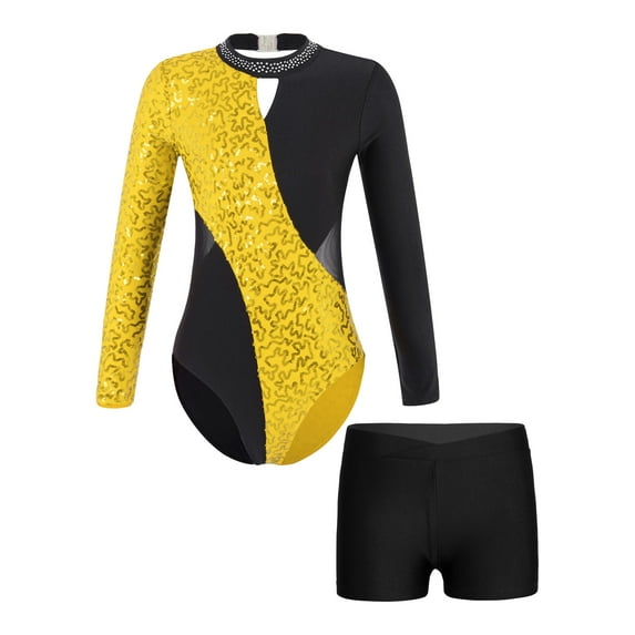 Yeahdor Kids Girls Long Sleeves Gymnastics Skating Leotard Unitard with Shorts Bottom Set Performance Dancewear Yellow&Black 4