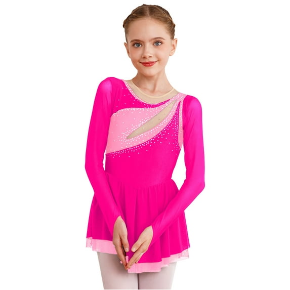Yeahdor Kids Girls Lyrical Dance Dress Rhythmic Gymnastics Leotard Long Sleeve Rhinestone Skating Dancewear Hot Pink 6