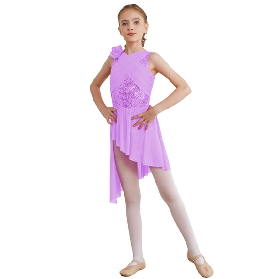 Yeahdor Kids Girls Lyrical Dance Dress Sleeveless Sequins Flower Irregular Hem Skirt Ballet Leotard Light Purple 16