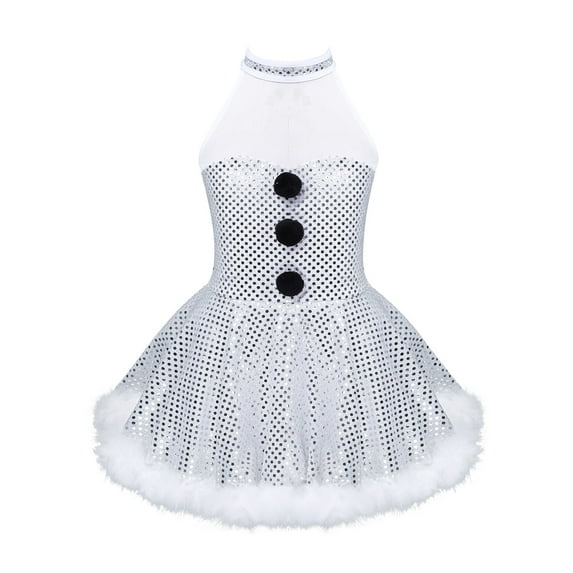 Yeahdor Kids Girls Mesh Splice Figure Skating Dress Shiny Sequins Ballet Tutu Dress Dancewear Xmas Snowman Costume White 12