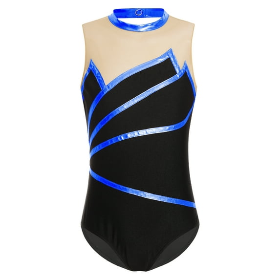Yeahdor Kids Girls Metallic Stripes Rhythmic Gymnastics Leotard Figure Skating Dance Costume Sleeveless Acrobatics Bodysuit Royal Blue 8