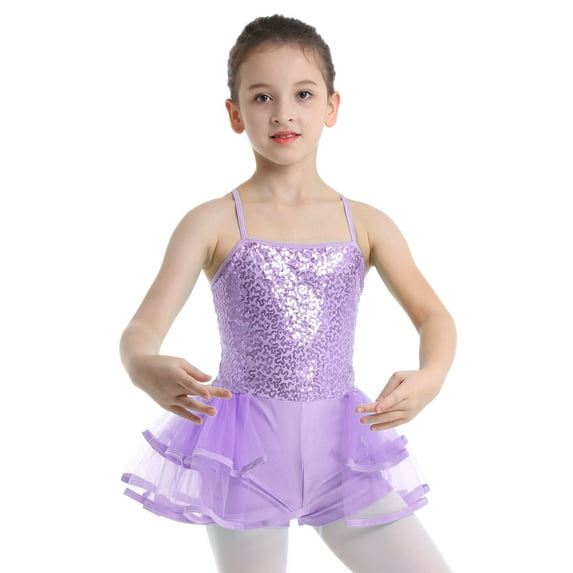 Yeahdor Kids Girls Modern Jazz Dance Jumpsuit Ballet Shiny Sequins Tutu Skirted Leotard Dancewear Lavender 12-14