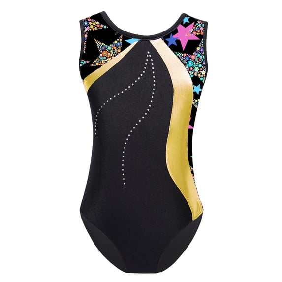 Yeahdor Kids Girls Prints Leotard Sleeveless Patchwork Bodysuit for Gymnastics Dance Training Yellow 4