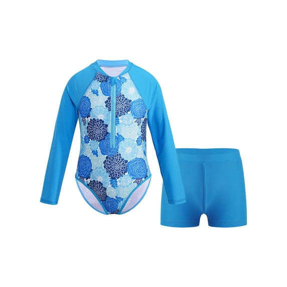 Yeahdor Kids Girls Rash Guard Swimsuit 2 Piece Set Floral Print One-Piece Swimsuit with Shorts Light Blue 10