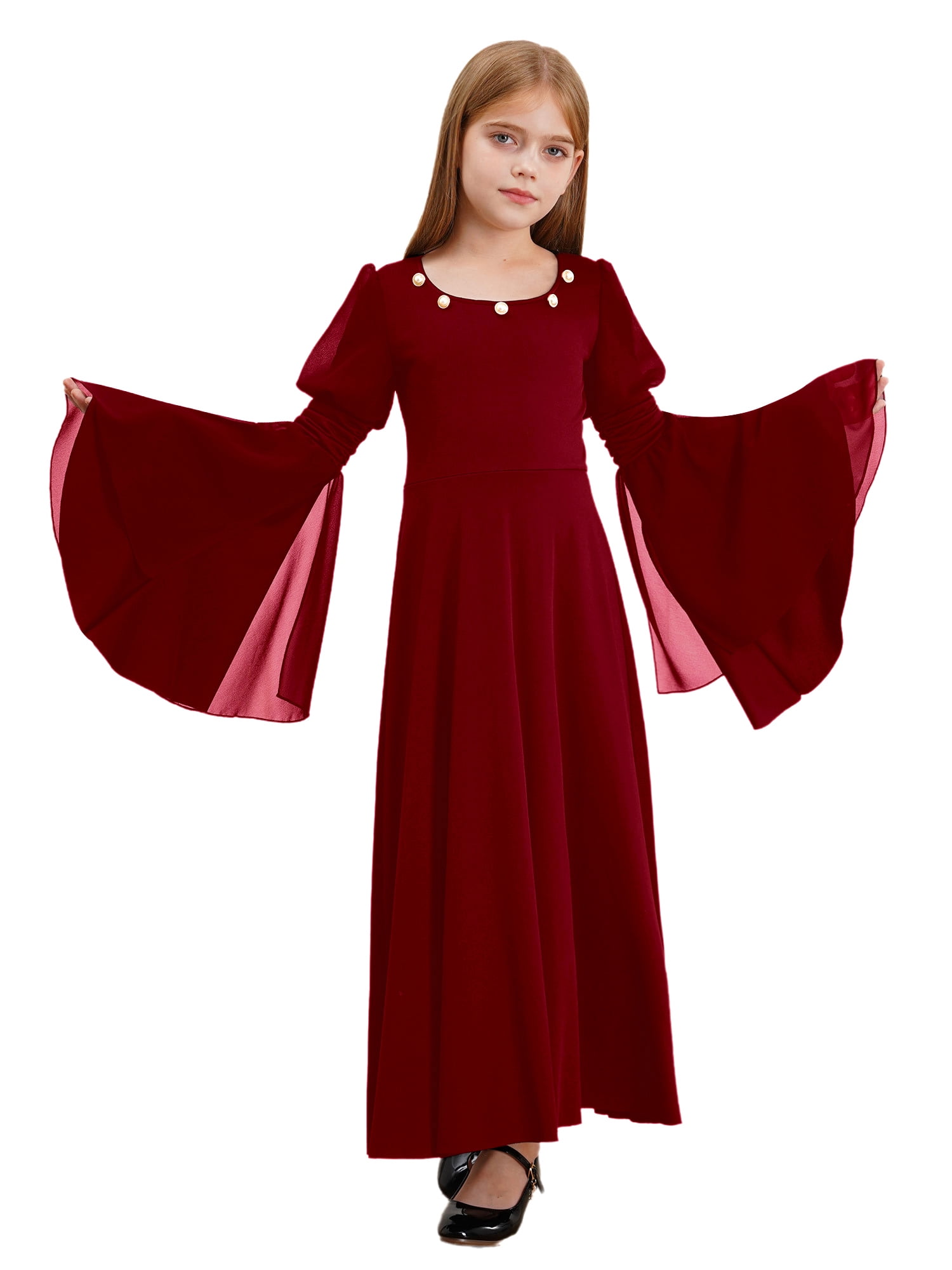 Yeahdor Kids Girls Renaissance Medieval Costume Long Bell Sleeves Fairy  Dress Retro Princess Maxi Gown Burgundy 10 - Walmart.com