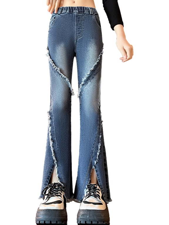 Kids Girls Ripped Jeans High Waist Wide Leg Denim Pants Juniors Bell-Bottom Long Pants with Pockets Blue 11-12