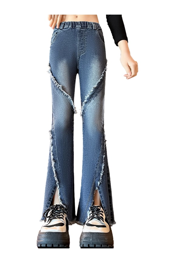Kids Girls Ripped Jeans High Waist Wide Leg Denim Pants Juniors Bell-Bottom Long Pants with Pockets Blue 11-12