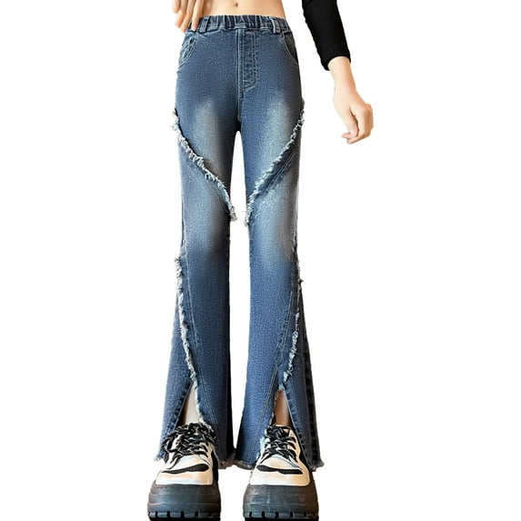 Yeahdor Kids Girls Ripped Jeans High Waist Wide Leg Denim Pants Juniors Bell-Bottom Long Pants with Pockets Blue 9-10