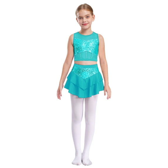 Yeahdor Kids Girls Sequin Dance Outfits 2 Piece Crop Top with Skirt for Jazz Latin Cheerleading Dancing Blue Green 16