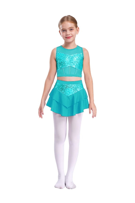 Kids Girls Sequin Dance Outfits 2 Piece Crop Top with Skirt for Jazz Latin Cheerleading Dancing Blue Green 6