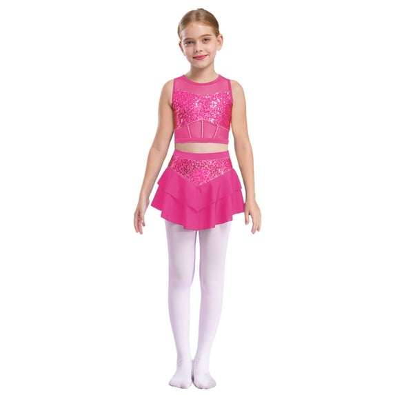 Yeahdor Kids Girls Sequin Dance Outfits 2 Piece Crop Top with Skirt for Jazz Latin Cheerleading Dancing Hot Pink 6