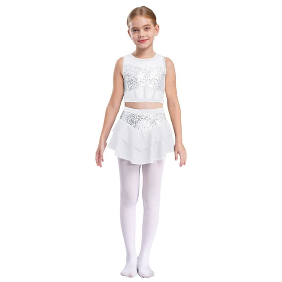 Yeahdor Kids Girls Sequin Dance Outfits 2 Piece Crop Top with Skirt for Jazz Latin Cheerleading Dancing White 8