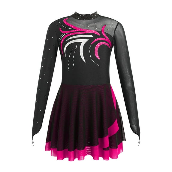 Yeahdor Kids Girls Sequined Roller Figure Ice Skating Dress Long Sleeve Lyrical Dance Leotard Dress with Finger Hole Hot Pink 14