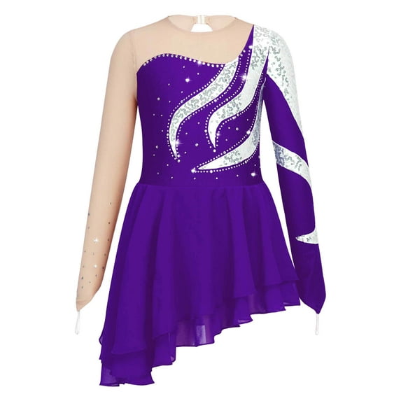 Yeahdor Kids Girls Sequins Mesh Figure Skating Dress Long Sleeve Hollow Back Dance Costume Purple 14