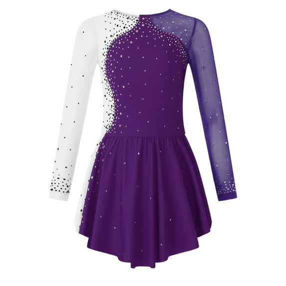 Yeahdor Kids Girls Sequins Mesh Figure Skating Dress Long Sleeve Hollow Back Dance Costume Purple-A 8