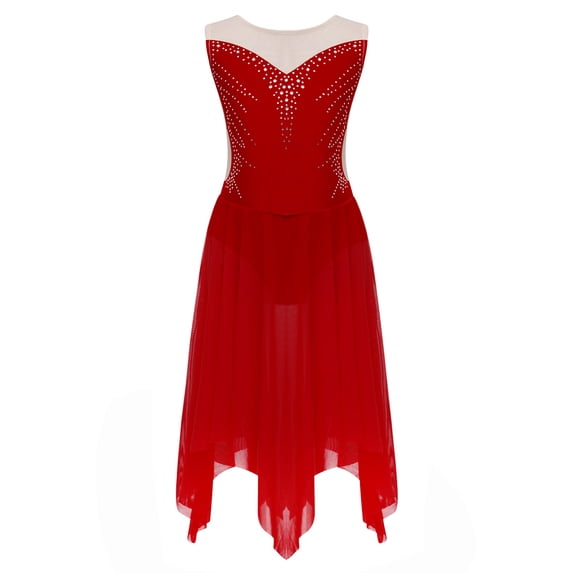 Yeahdor Kids Girls Shiny Faux Diamonds Lyrical Dance Dress Sleeveless Irregular Hem Leotard Figure Skating Costume Red 8