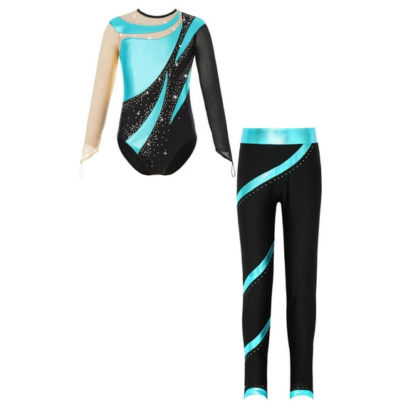 Yeahdor Kids Girls Shiny Rhinestones Dance Set Long Sleeve Cutout Back Leotard with Pants Gym Suit Blue Green 14
