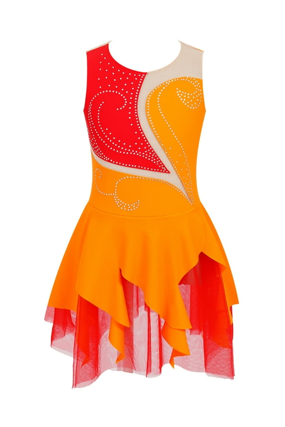 Kids Girls Sleeveless Chiffon Dance Dress Patchwork Cheerleading Performance Costume Orange 8