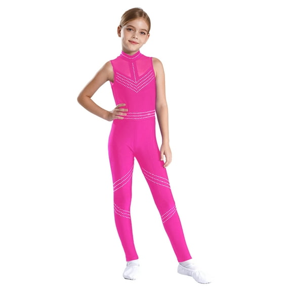 Yeahdor Kids Girls Sleeveless Mesh Splice Rhinestones Gymnastics Unitard Figure Skating Dance Jumpsuit Hot Pink 6