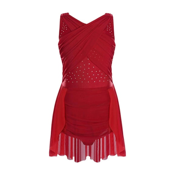 Yeahdor Kids Girls Sleeveless Rhinestones Ballet Leotard Contemporary Modern Lyrical Dance Dress Burgundy 6