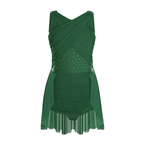 Yeahdor Kids Girls Sleeveless Rhinestones Ballet Leotard Contemporary Modern Lyrical Dance Dress Green 14