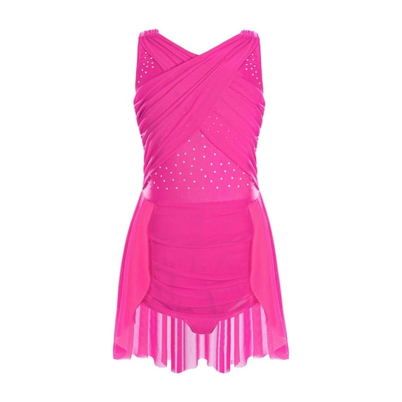 Yeahdor Kids Girls Sleeveless Rhinestones Ballet Leotard Contemporary Modern Lyrical Dance Dress Hot Pink 14