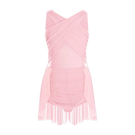 Yeahdor Kids Girls Sleeveless Rhinestones Ballet Leotard Contemporary Modern Lyrical Dance Dress Pink 14