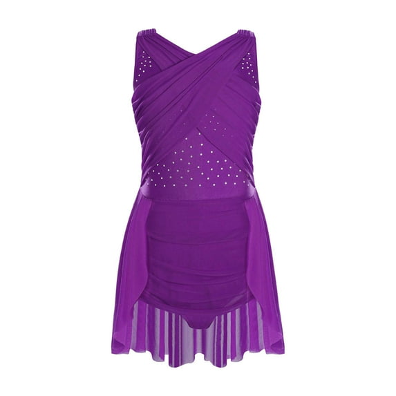 Yeahdor Kids Girls Sleeveless Rhinestones Ballet Leotard Contemporary Modern Lyrical Dance Dress Purple 12