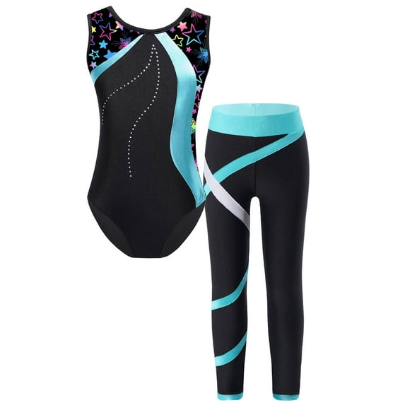 Yeahdor Kids Girls Sports Suit Gymnastics Workout Leotard with Legging Pants Gym Suit Shiny Rhinestones Ballet Bodysuit Set Green 6