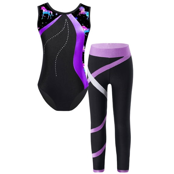 Yeahdor Kids Girls Sports Suit Gymnastics Workout Leotard with Legging Pants Gym Suit Shiny Rhinestones Ballet Bodysuit Set Purple 14