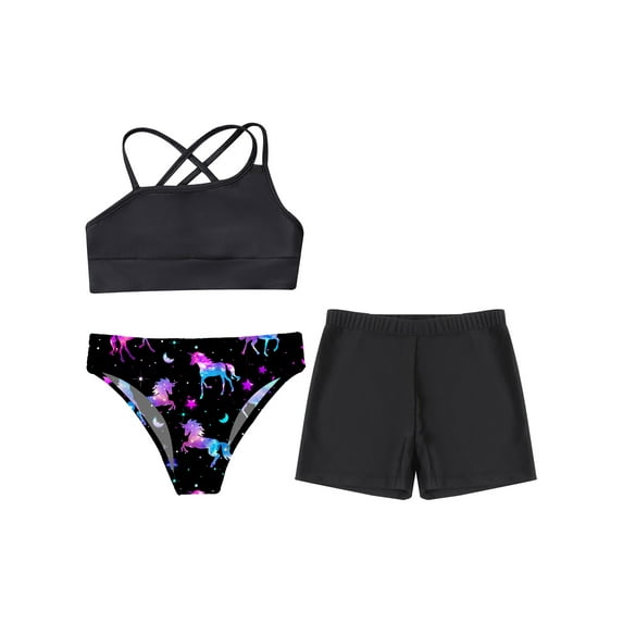 Yeahdor Kids Girls Tankini 3-Piece Swimsuit Floral Swim Top with Bottoms Shorts Water Park Beach Swimwear Night Pegasus 6