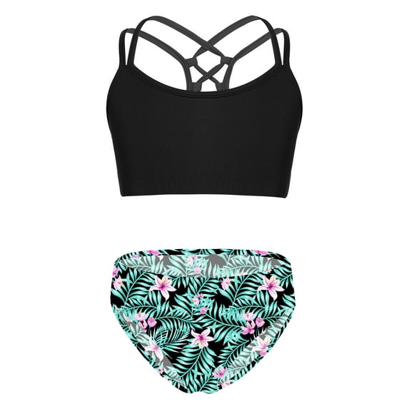 Yeahdor Kids Girls Tankini Swimwear Sleeveless Strappy Back Crop Top with Briefs Swimsuit for Beach Pool Swimming Lily 12