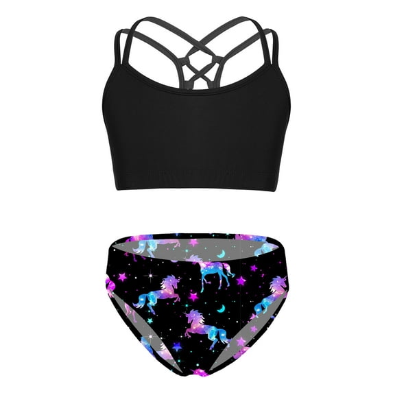 Yeahdor Kids Girls Tankini Swimwear Sleeveless Strappy Back Crop Top with Briefs Swimsuit for Beach Pool Swimming Night Pegasus 12