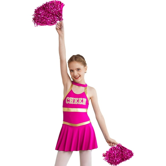 Yeahdor Little & Big Girls Sparkle Cheer Leader Dance Dress with Pompoms High Schoolgirls Cheer Leader Team Uniform Hot Pink 12