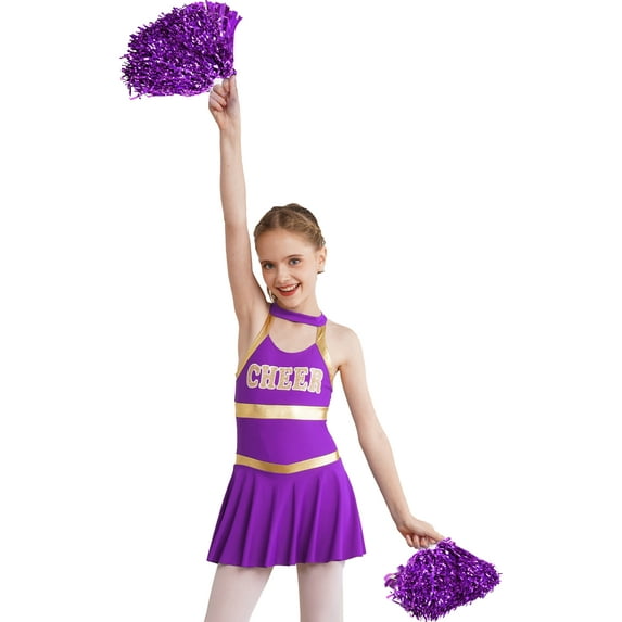 Yeahdor Little & Big Girls Sparkle Cheer Leader Dance Dress with Pompoms High Schoolgirls Cheer Leader Team Uniform Purple 10