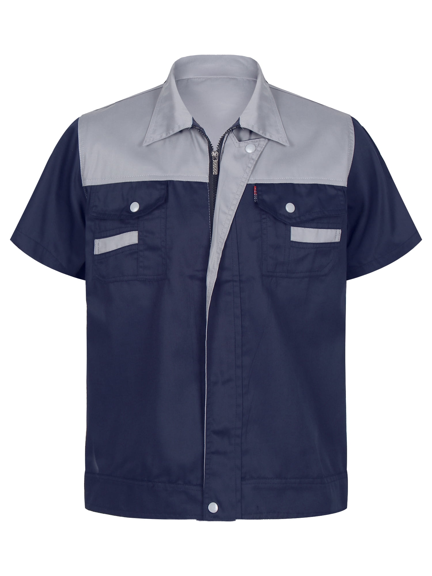 Yeahdor Mens Mechanic Workshop Uniform Color Contrast Short Sleeve Zipper  Jacket Factory Workers Uniform Tops Navy Blue&Grey M