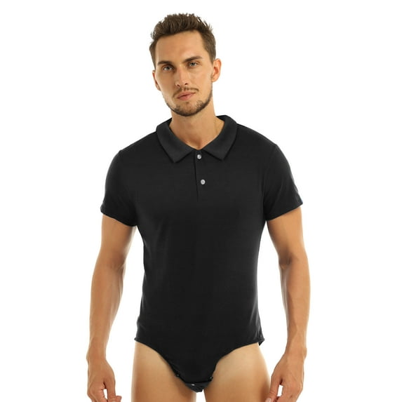 Yeahdor Mens One Piece Short Sleeve Bodysuit Pajamas Press Button Crotch Romper T-Shirt Nightwear Black-B 3XL